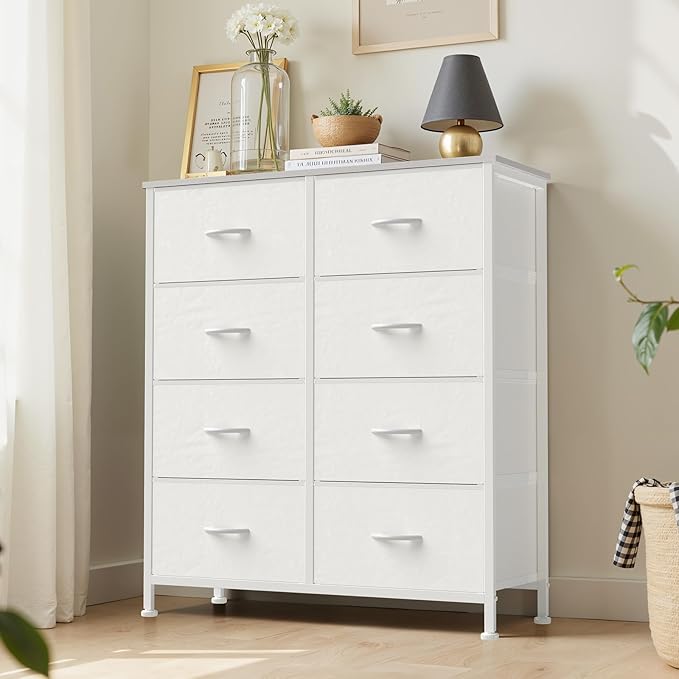 Dresser for Bedroom with 8 Drawers, Anti-Tip Tall Fabric Chests Storage Organizer Tower Furniture with Wooden Top Metal Frame for Clothes, Closet, Living Room, Hallway, Entryway