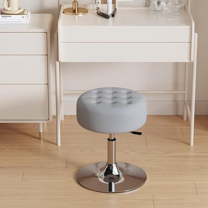 Furniliving Mid-Century Velvet Tufted Adjustable Swivel Makeup Ottoman Stool; Modern Big Size Round Vanity Stool Chair for Bedroom Living Room (LightGrey)