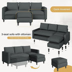 JAMFLY 3-Seat Convertible L-Shaped Sectional Sofa with Reversible Ottoman, Upholstered Fabric Couch for Small Living Rooms, Modern Modular Couch for Apartment, Studio & Loft, Grey