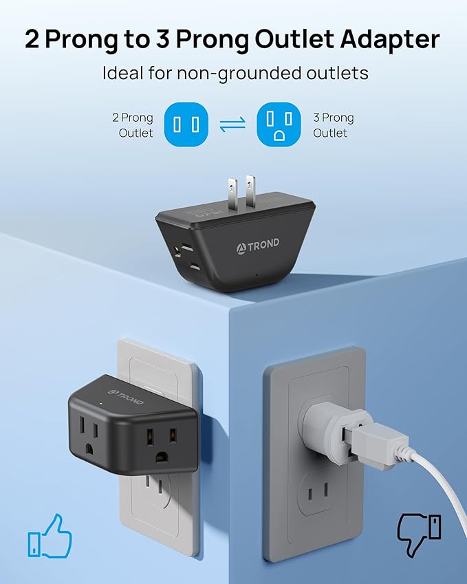 TROND 2 Prong to 3 Prong Outlet Extender, 3-Way Angled Plug Adapter with 3 AC Sockets, Wall Splitter for Non-Grounded Outlets in Old House, Cruise Ship Travel Essentials, Black