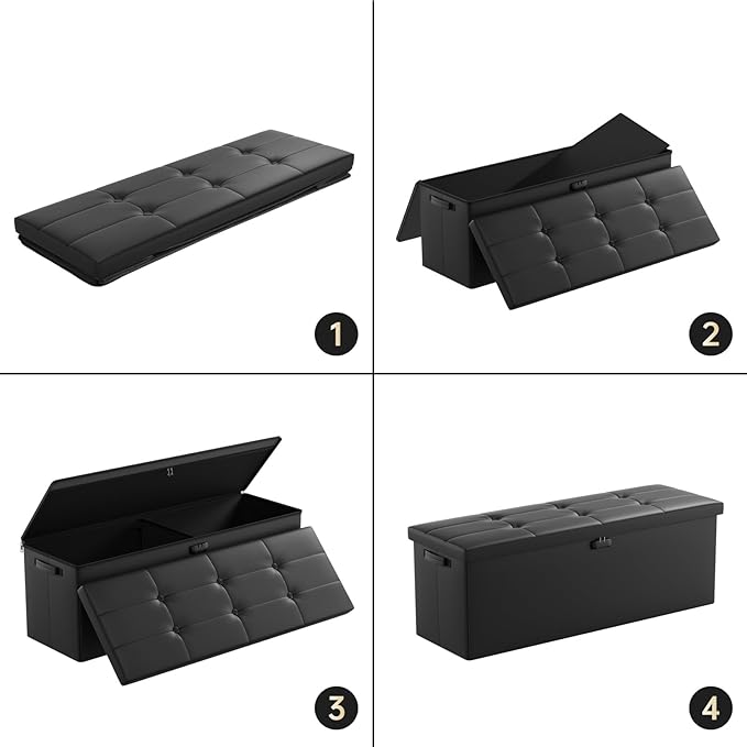 DocSafe Storage Ottoman Bench,Fireproof＆Waterproof Folding Bench with Lock(15”x 43”x15”),Leather Storage Chest with Handles＆2 Extra Boxes,Ottoman Safe for Bedroom,Living Room,Home Office,Black