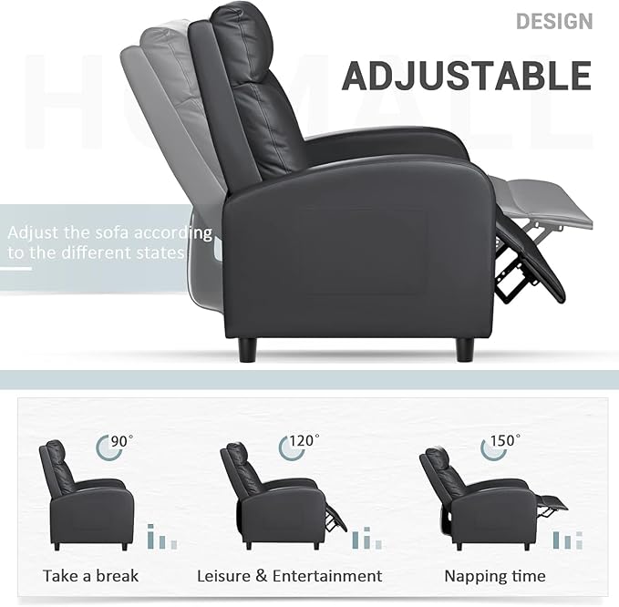 Homall Recliner Chair, Recliner Sofa for Adults, Recliners Home Theater Seating with Lumbar Support, Reclining Sofa Chair for Living Room (Leather, Dark Black)