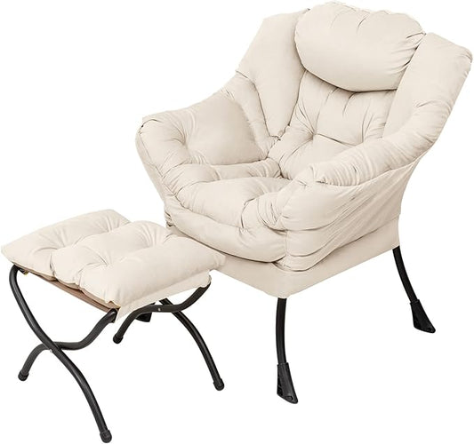 Welnow Lazy Chair with Ottoman, Modern Accent Chair with Armrests and a Side Pocket, Leisure Sofa Armchair, Reading Armchair with Footrest for Small Space, Beige