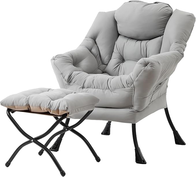 Tiita Lazy Chair with Ottoman, Light Grey Modern Large Accent Chair, Comfy Leisure Sofa Armchair with Ottoman, Reading Chair with Footrest for Bedroom, Living Room, Dorm Rooms, Light Grey