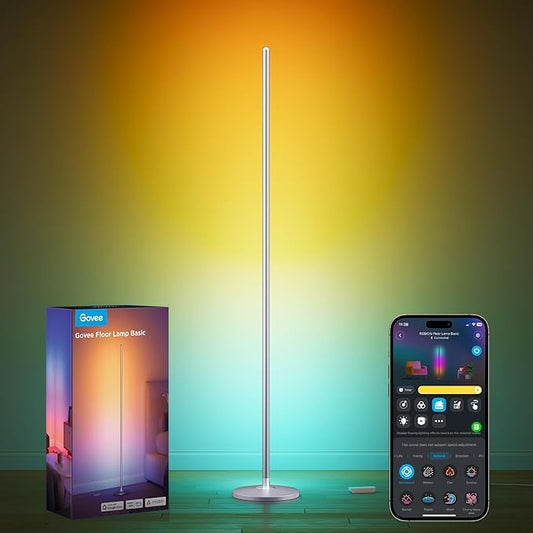 Govee RGBIC Floor Lamp, LED Corner Lamp Works with Alexa, Smart Modern Floor Lamp with Music Sync and 16 Million DIY Colors, Color Changing Standing Lamp for Bedroom Living Room Silver