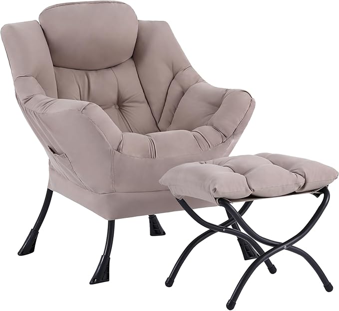 Welnow Lazy Chair with Ottoman, Modern Reading Accent Chair with Armrests and a Side Pocket, Leisure Upholstered Lazy Sofa Set with Footrest for Small Space, Khaki