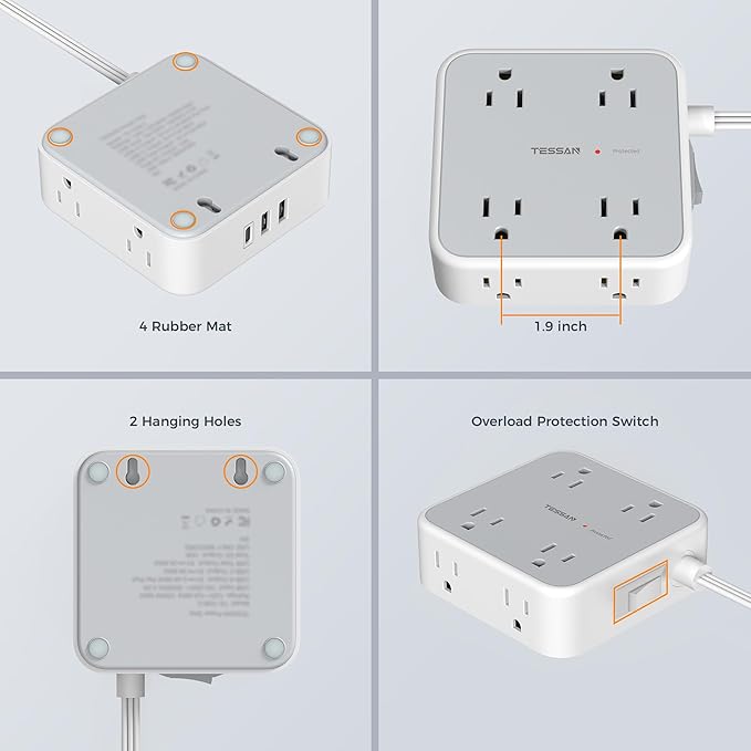 TESSAN Surge Protector Power Strip, 10 Ft Flat Plug Extension Cord with 3 USB (1 USB C) 8 Outlets, 1250W, 900J Protection, 3 Sided Outlet Extender with Ring Plug for Office, Dorm Room, Grey