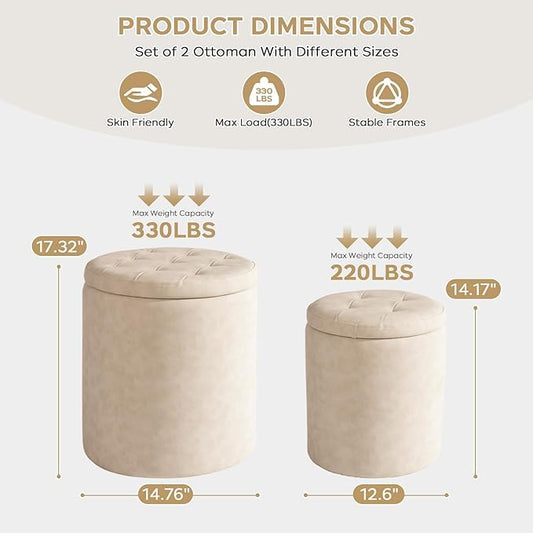 Faux Leather Round Ottoman with Storage 12.6" W x 14.17" H & 14.76" W x 17.32" H Set of 2, Small Boucle Coffee Table Footstool with Removable Lid for Living Room, Bedroom, Beige