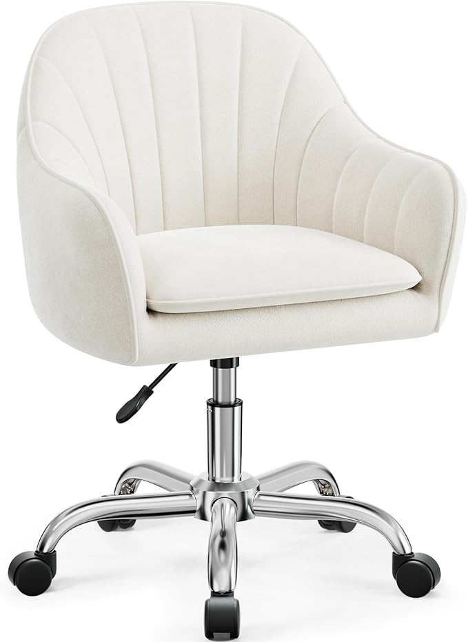 Vanity Chair with Wheels, Comfy Home Office Desk Chairs Adjustable Modern Velvet Makeup Vanity Chairs for Bedroom Living Room-Beign