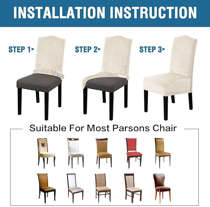 H.VERSAILTEX Velvet Dining Chair Covers Stretch Chair Covers for Dining Room Set of 6 Parson Chair Slipcovers Chair Protectors Covers Dining, Soft Thick Solid Velvet Fabric Washable, Ivory Striped
