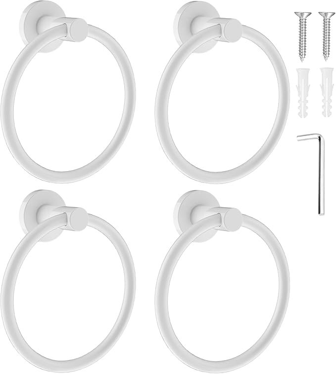 SetSail Towel Holder for Bathroom Wall White Towel Ring Screw-in Hand Towel Holder Stainless Steel Towel Hanger for Bathrooms, 4 Packs