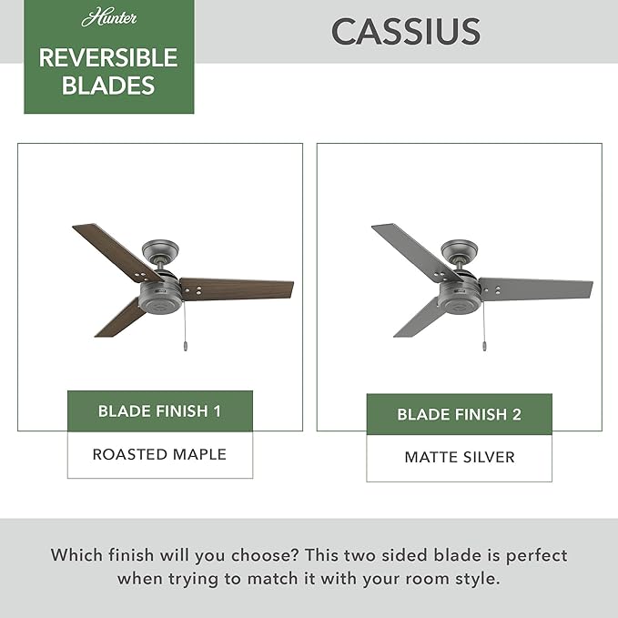 Hunter 44 inch Outdoor or Indoor Ceiling Fan No Light - Ceiling Fan without Light, For Patio, Porch, Garage, or Living Room, Standard Mount, 3 Blades, Pull Chain - Cassius 50256, Matte Silver