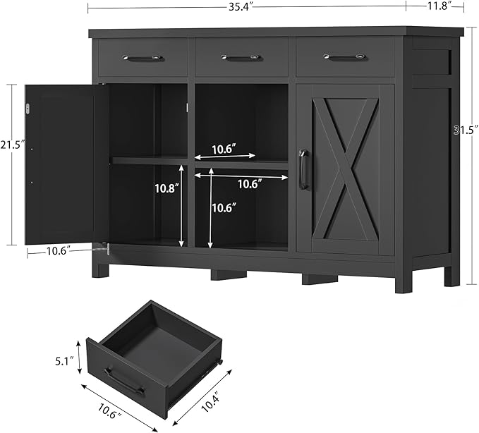 TEENFON Storage Cabinet, Coffee Bar Cabinet with 3 Drawers, 2 Adjustable Shelves & 2 Doors, Buffet Cabinet, Kitchen Cabinet for Kitchen, Dining Room, Living Room, Black