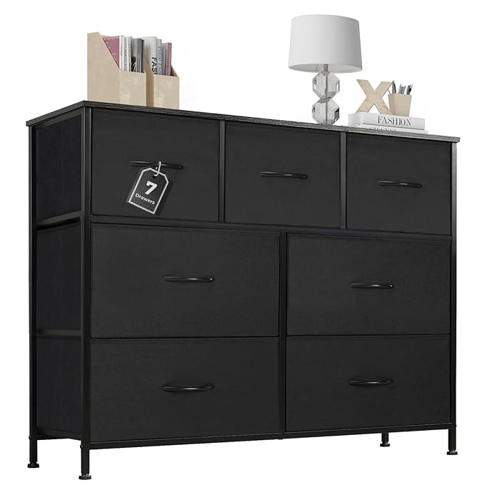 Dresser for Bedroom with 7 Drawers, Anti-Tip Wide Fabric Chests Storage Organizer Tower Furniture, TV Stand for TV up to 45 inch with Wooden Top Metal Frame for Clothes, Living Room, Hallway, Entryway