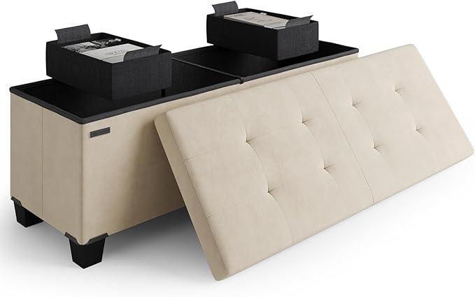 Storage Ottoman Bench with Bins, 43-in Storage Bench for Bedroom End of Bed, Folding Foot Rest Ottoman for Living Room Max 660lbs, Velvet Ottomans, Beige