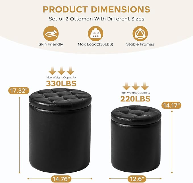 Round Ottoman with Storage Set of 2, 12.6" W x 14.17" H & 14.76" W x 17.32" H Faux Leather Storage Ottoman for Living Room Bedroom, Small Coffee Table Padded Ottoman, Black