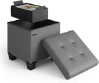 Storage Ottoman Cube with Small Bin, 15-in Square Ottoman with Storage for Living Room and Bedroom, Small Ottomans Foot Rest, Faux Leather Foot Stools Ottomans Max 330lbs, Grey