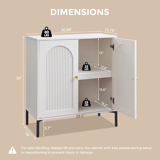 Modern Buffet Cabinet with Storage, 34" Tall Fluted Arched Sideboard Cabinet w/Adjustable Shelves, Wooden Modular Coffee Bar for Dining Room, Kitchen, Living Room, Entryway, White