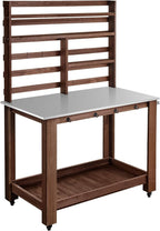 VEVOR Potting Bench Table, Outdoor Gardening Workstation with 45 x 26 in Stainless Steel Tabletop, Storage Shelves, 4 Casters, Hooks, Garden Planting Work Station for Outside Patio, Backyard, Brown