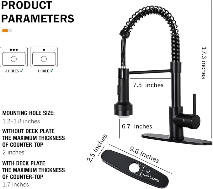 DJS Kitchen Faucets with Pull Down Sprayer LED Light Single Handle 1 or 3 Holes Spring Kitchen Sink Faucet with Deck Plate for Farmhouse RV Vessel Basin