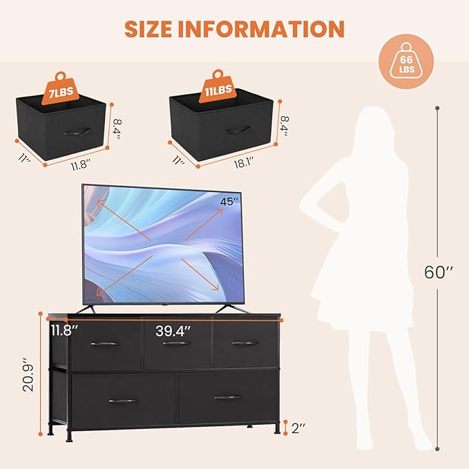 Dresser for Bedroom with 5 Drawers, Anti-Tip Wide Fabric Chests Storage Organizer Tower Furniture, TV Stand for TV up to 45 inch with Wooden Top Metal Frame for Clothes, Living Room, Hallway, Entryway