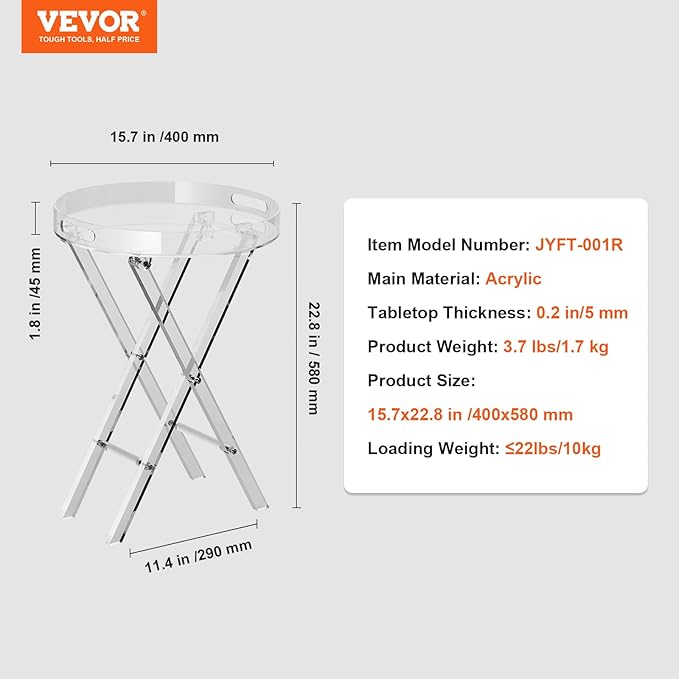 VEVOR Acrylic Folding Tray Table, Acrylic End Table with Folding X Leg, Clear Acrylic Side Table for Coffee, Drink, Food, Snack for Living Room & Bedroom