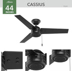 Hunter 44 inch Outdoor or Indoor Ceiling Fan No Light - Black Ceiling Fan without Light, For Patio, Porch, Garage, or Living Room, Standard Mount, 3 Blades, Pull Chain - Cassius 50260, Matte Black