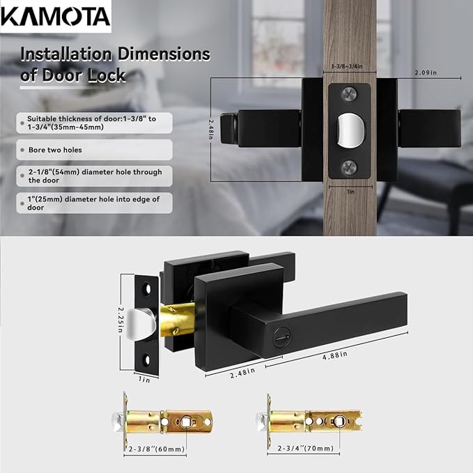 KAMOTA Privacy Door Levers, 3 Pack Matte Black Door Handles Bed and Bath Door Locks Interior Keyless Locksets, Left and Right Hand Reversible