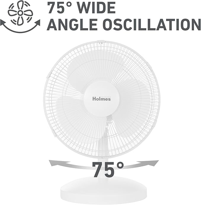 Holmes 12 Inch Oscillating Table Fan 3 Speeds 75 Degree Wide Angle Oscillation 15 Degree Adjustable Head Tilt Quiet Cooling for Home Office Bedroom Manual Control White