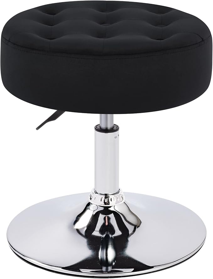 Furniliving Mid-Century Velvet Tufted Makeup Ottoman Stool, Modern Big Size Swivel Round Adjustable Vanity Stool Chair for Living Room Bedroom, Black