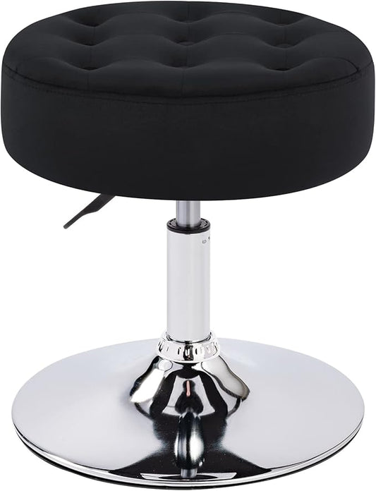 Furniliving Mid-Century Velvet Tufted Makeup Ottoman Stool, Modern Big Size Swivel Round Adjustable Vanity Stool Chair for Living Room Bedroom, Black