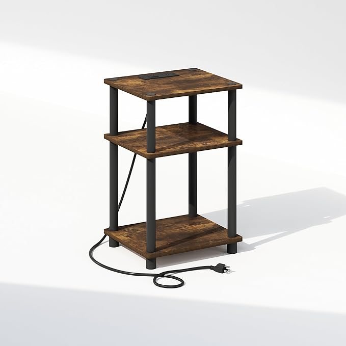 Furinno JUST Night Stand, 3-Tier Turn-N-Tube Nightstand with Charging Station, Bedside Table, End Table, Side Table with USB and Type-C Charging Port, for Bedroom, Closet, Dorm, Amber Pine