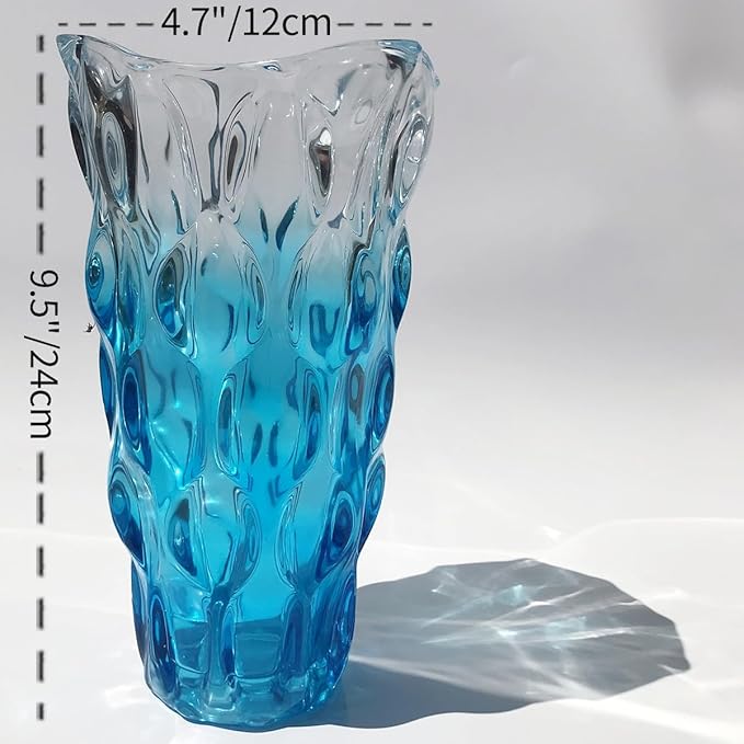Unbreakable Flower Glass Vase 3.5lb 9.5inch Sparkle vase Bohemian Style, for Centerpieces,Kitchen,Office, Living Room,Wedding,Perfect Home Decor Glass Vase (Gradient Sky Blue)