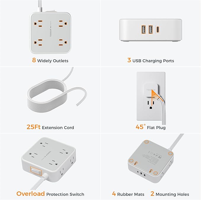 TESSAN Surge Protector Power Strip, 25 Ft Flat Plug Extension Cord with 3 USB (1 USB C) 8 Outlets, 1250W, 900J Protection, 3 Sided Outlet Extender with Power Switch for Office, Dorm Room, Grey
