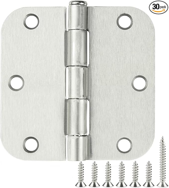 30 Pack Rounded Satin Door Hinges Brushed Nickel 3.5 Inch Interior 3 1/2 Inch 5/8" Radius Corners Iron Bifold Silver Residential Bed Room Hinge for Doors Hardware Controls House Decor Accessories