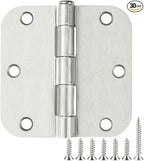30 Pack Rounded Satin Door Hinges Brushed Nickel 3.5 Inch Interior 3 1/2 Inch 5/8" Radius Corners Iron Bifold Silver Residential Bed Room Hinge for Doors Hardware Controls House Decor Accessories