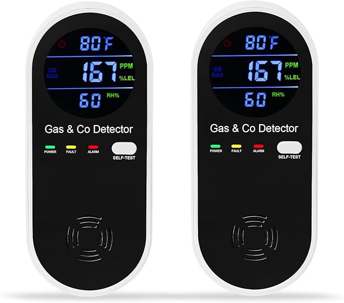 2 Packs Combination Natural-Gas and Carbon-Monoxide-Detector,Koabbit 4-in-1 CO/LPG/LNG Explosive Gas Detector Alarm with Temperature(°F) & Humidity for Home,RV,Hotel,Apartment