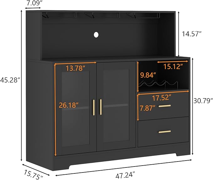 Bar Cabinet for Home with LED Light, Coffee Bar Cabinet with Wine & Glass Rack, Wine Cabinets with Drawers & Microwave Stand, Modern Liquor Cabinets for Kitchen, Living Room, Dining Room (Black)