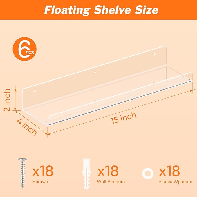 6 Pack Floating Shelves for Wall, 15" Clear Book Shelf, Acrylic Floating Wall Shelf, Display Shelves Organizer for Bathroom, Classroom, Bedroom, Living Room, Kitchen, Room Decor