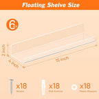 6 Pack Floating Shelves for Wall, 15" Clear Book Shelf, Acrylic Floating Wall Shelf, Display Shelves Organizer for Bathroom, Classroom, Bedroom, Living Room, Kitchen, Room Decor