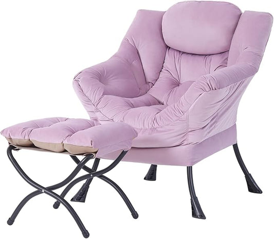 Welnow Lazy Chair with Ottoman, Modern Accent Chair with Armrests and a Side Pocket, Leisure Upholstered Sofa Armchair Set, Reading Armchair with Footrest for Small Space, Light Purple