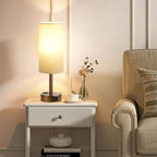 Fenmzee Brown Bedside Table Lamp for Bedroom - 3 Way Dimmable Touch Lamp USB C Charging Ports and AC Outlet, Small Lamp Round Flaxen Fabric Shade for Living Room, Desk, LED Bulb Included