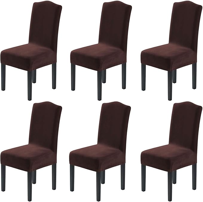 H.VERSAILTEX Velvet Dining Chair Covers Stretch Chair Covers for Dining Room Set of 6 Parson Chair Slipcovers Chair Protectors Covers Dining, Soft Thick Solid Velvet Fabric Washable, Brown