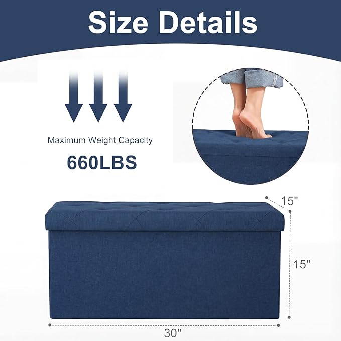 DUMOS 30in Foldable Storage Ottoman Bench, Ottoman Bench Foot Rest Stool with Padded Seat, Bedroom Bench with for Living Room, Support 660lbs, Blue