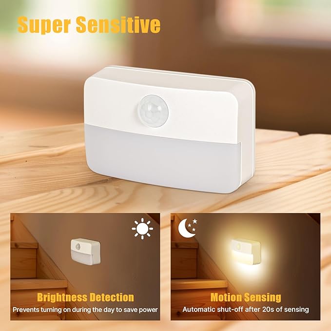 3 Pack Motion Sensor Stair Light for Indoor, Battery Operated Closet Lights, Wireless Stick on Anywhere Hallway Lamp, Portable Led Night Lamps for Bedroom Under Cabinet Kitchen