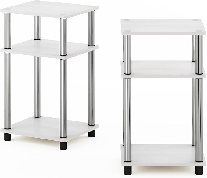 Furinno JUST Side Table Set of 2, 3-Tier Modern End Tables, Open Shelves Night Stand, Nightstand, Toolless Assembly, for Living Room, Bedroom, White Oak/Stainless Steel