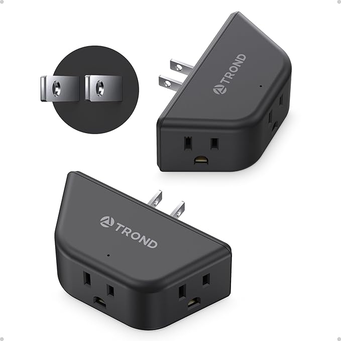 TROND 2 to 3 Prong Outlet Adapter 2 Pack, 3-Way Angled Plug Extender with 3 AC Sockets, Wall Plug Splitter for Non-Grounded Outlets in Old House, Cruise Ship Travel Essentials, Black