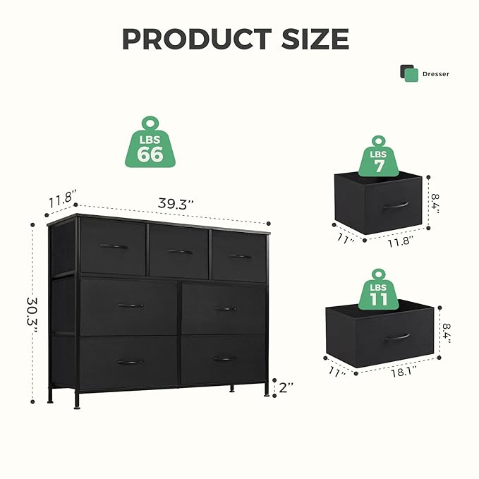 Dresser for Bedroom with 7 Drawers, Anti-Tip Wide Fabric Chests Storage Organizer Tower Furniture, TV Stand for TV up to 45 inch with Wooden Top Metal Frame for Clothes, Living Room, Hallway, Entryway