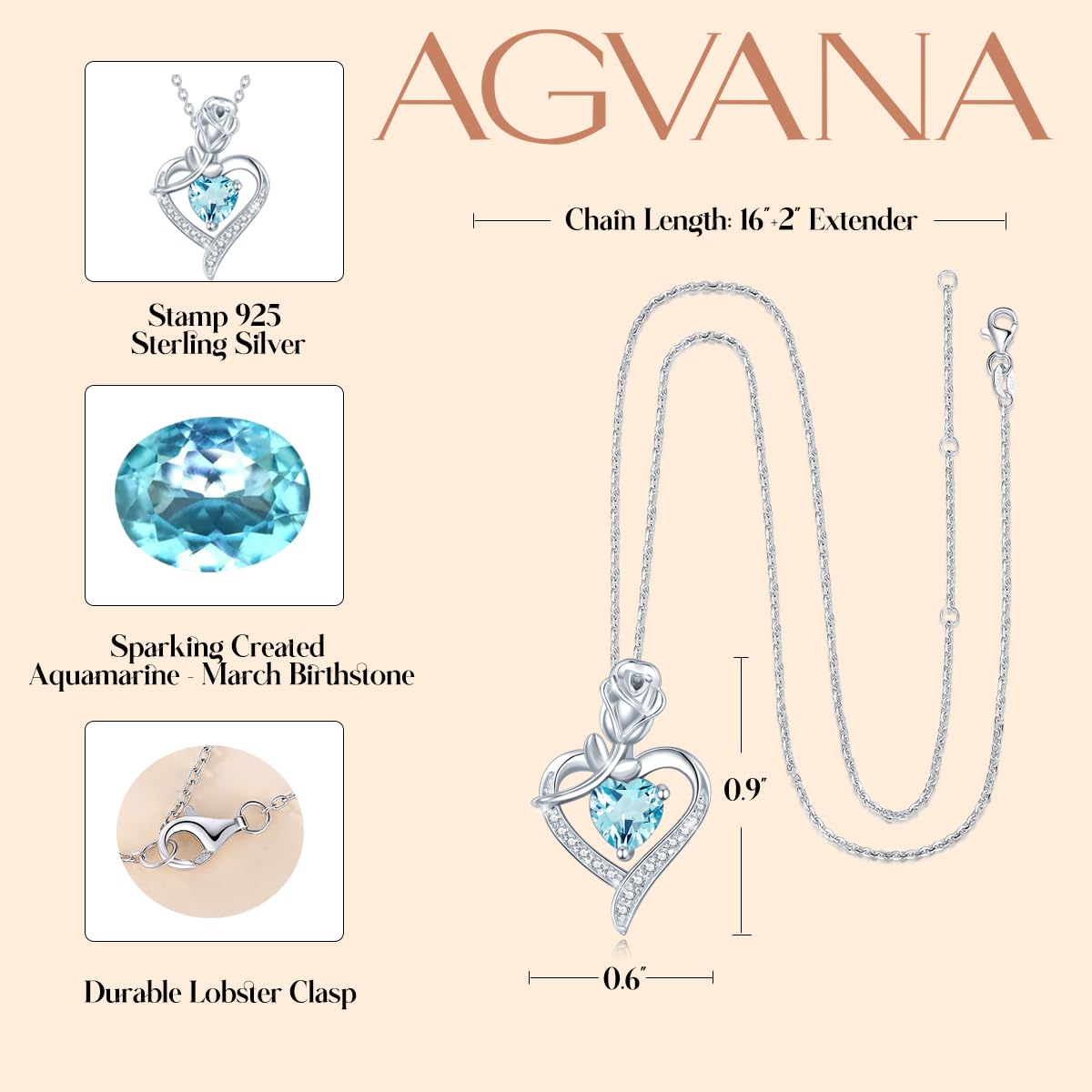 AGVANA Aquamarine Rose Heart Necklace - Sterling Silver March Birthstone Jewelry, Anniversary & Birthday Gift
