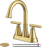 4 inch Brushed Gold Bathroom Sink Faucet with Pop-up Drain and 2 Supply Hoses, Stainless Steel Lead-Free 2-Handle Centerset Faucet for Bathroom Sink Vanity RV